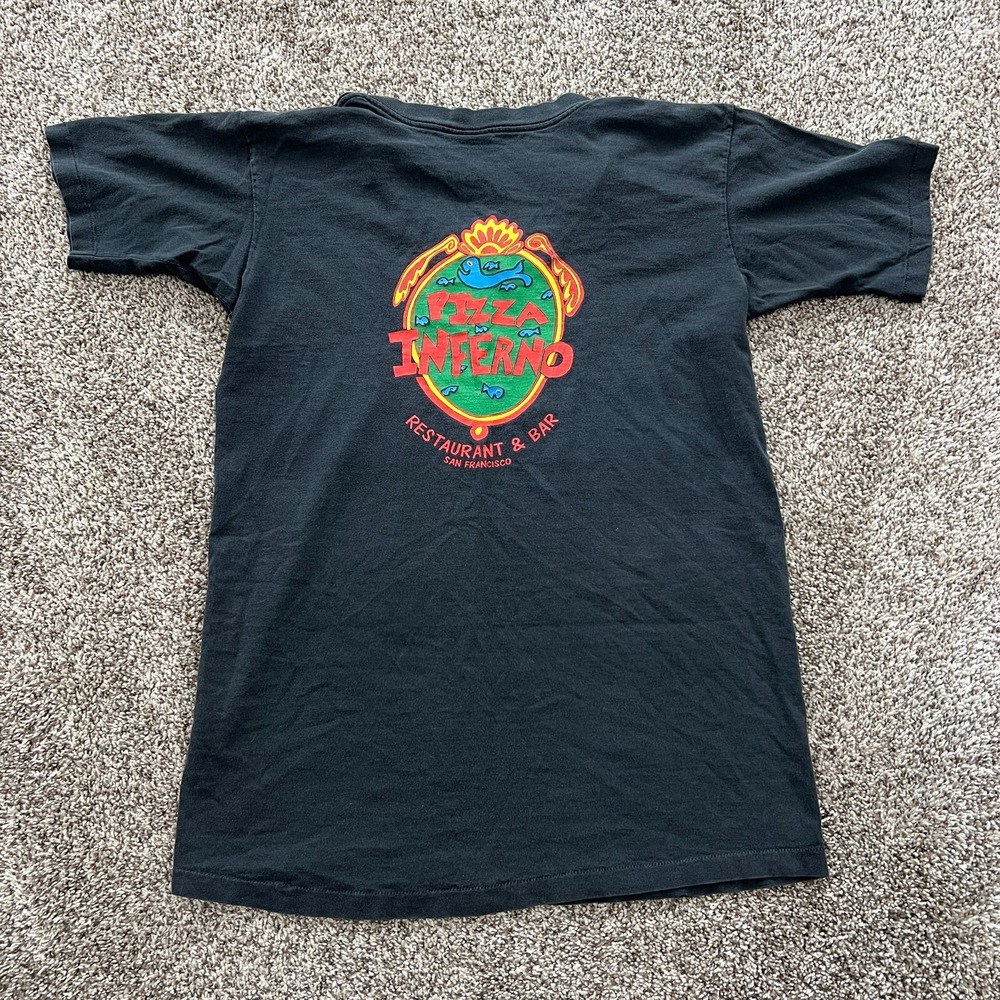 VTG 80s 90s Pizza Inferno San Francisco Black Single Stitch V Neck USA Medium